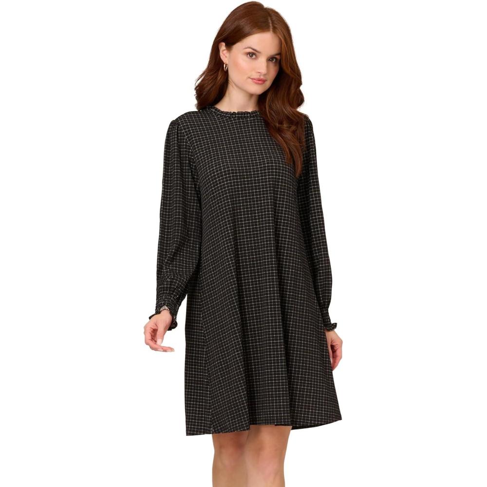 image:imageAdrianna Papell Womens Printed Ruffle Neck Knit DressBlack