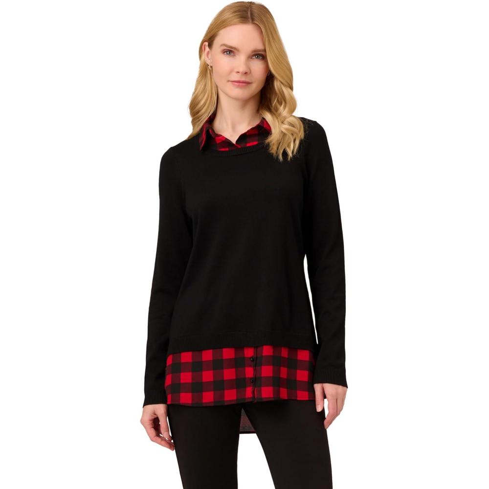image:imageAdrianna Papell Womens Printed VNeck Twofer SweaterBlack WRed Buffalo Plaid