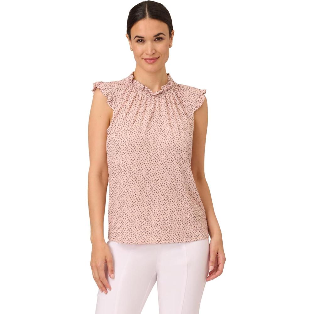 image:imageAdrianna Papell Womens Ruffle Mock Neck TankChampagne Blowing Leaf