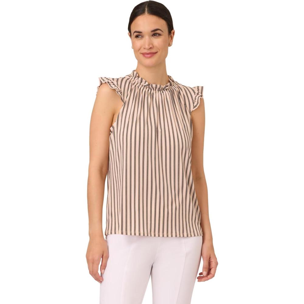 image:imageAdrianna Papell Womens Ruffle Mock Neck TankChampagne Blush Contrast Stripe