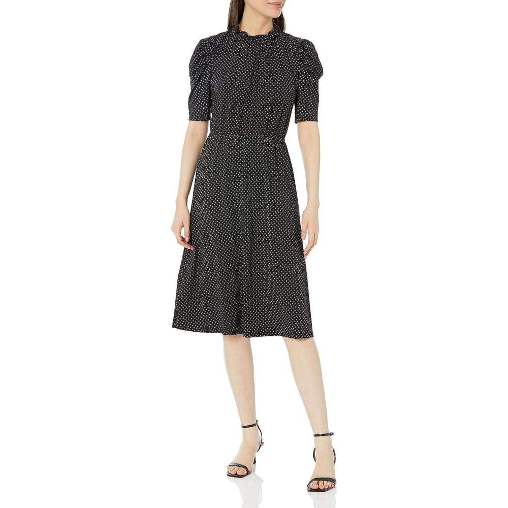 image:imageAdrianna Papell Womens Ruffle Neck Short Sleeve DressBlackIvory Outline Dot