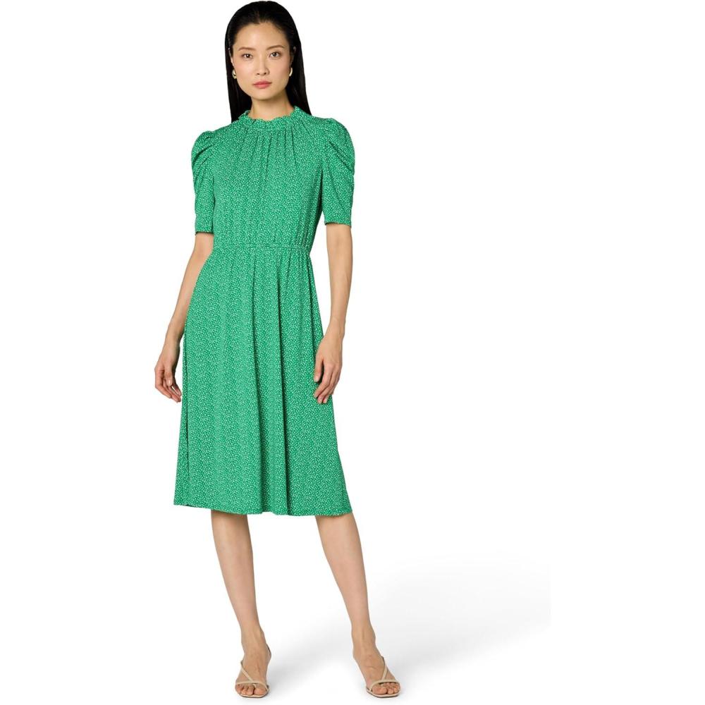 image:imageAdrianna Papell Womens Ruffle Neck Short Sleeve DressEmerald Scattered Leaf