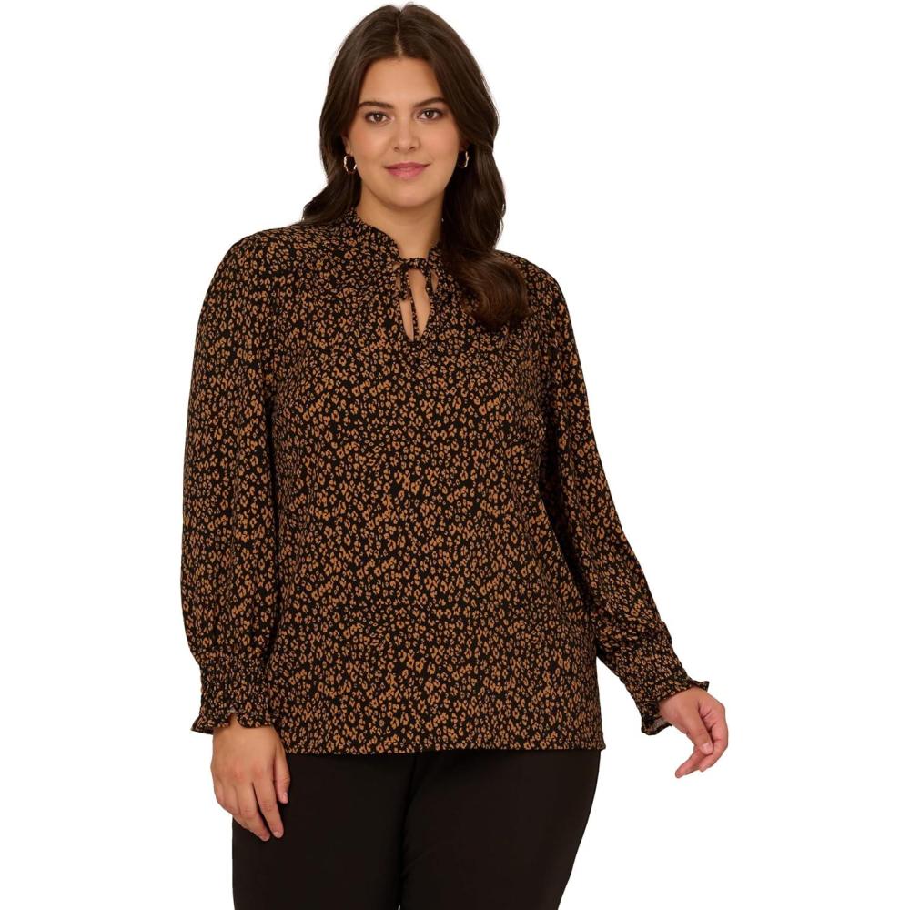 image:imageAdrianna Papell Womens Ruffle Tieneck Long Sleeve TopBlackCamel Basic Leopard