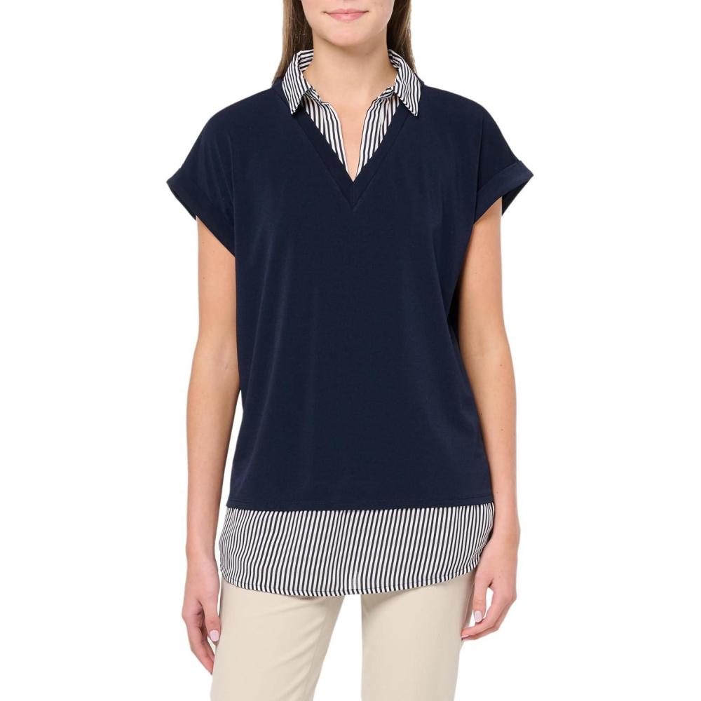 image:imageAdrianna Papell Womens Solid Knit Twofer with Printed Woven ComboNavy W NavyIvry Small Stripe