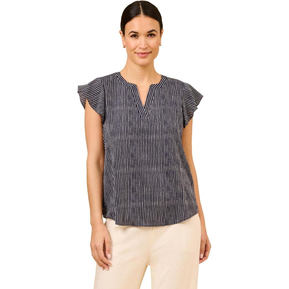 image:imageAdrianna Papell Womens Solid Short Ruffle Sleeve Popover BlouseNavy Ripple Stripe