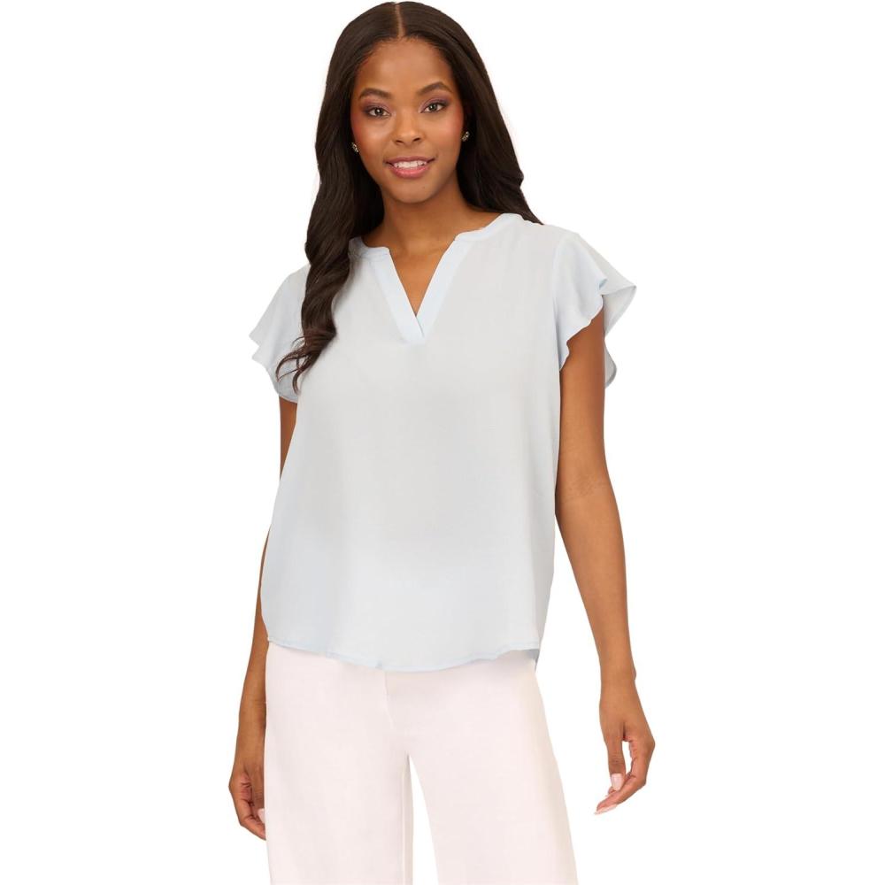 image:imageAdrianna Papell Womens Solid Short Ruffle Sleeve Popover BlouseSnow Globe