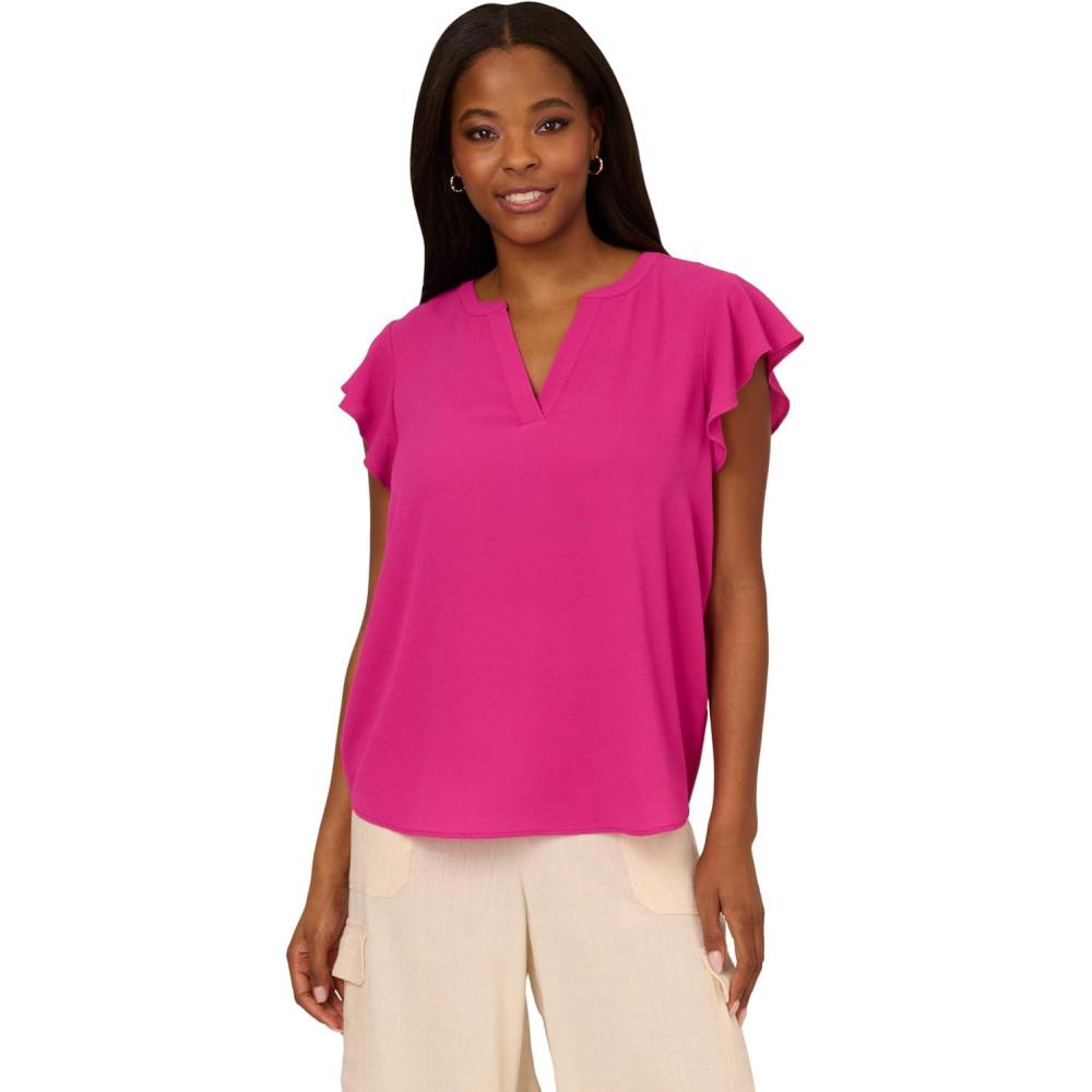 image:imageAdrianna Papell Womens Solid Short Ruffle Sleeve Popover BlouseTropical Fuchsia