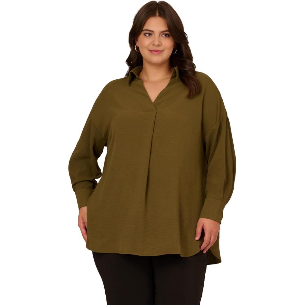 image:imageAdrianna Papell Womens Textured Airflow VNeck Johnny Collar BlouseOlive Green