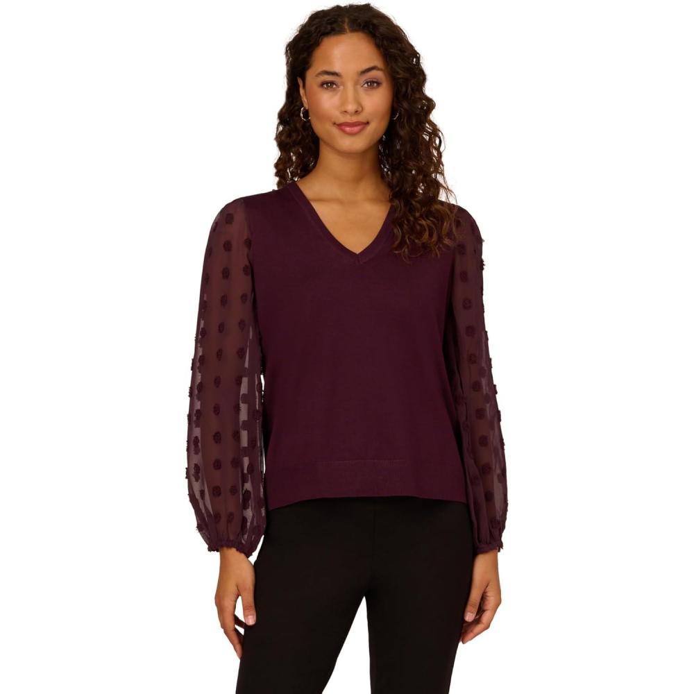 image:imageAdrianna Papell Womens V Neck 34 Woven Bubble Sleeve SweaterPlum