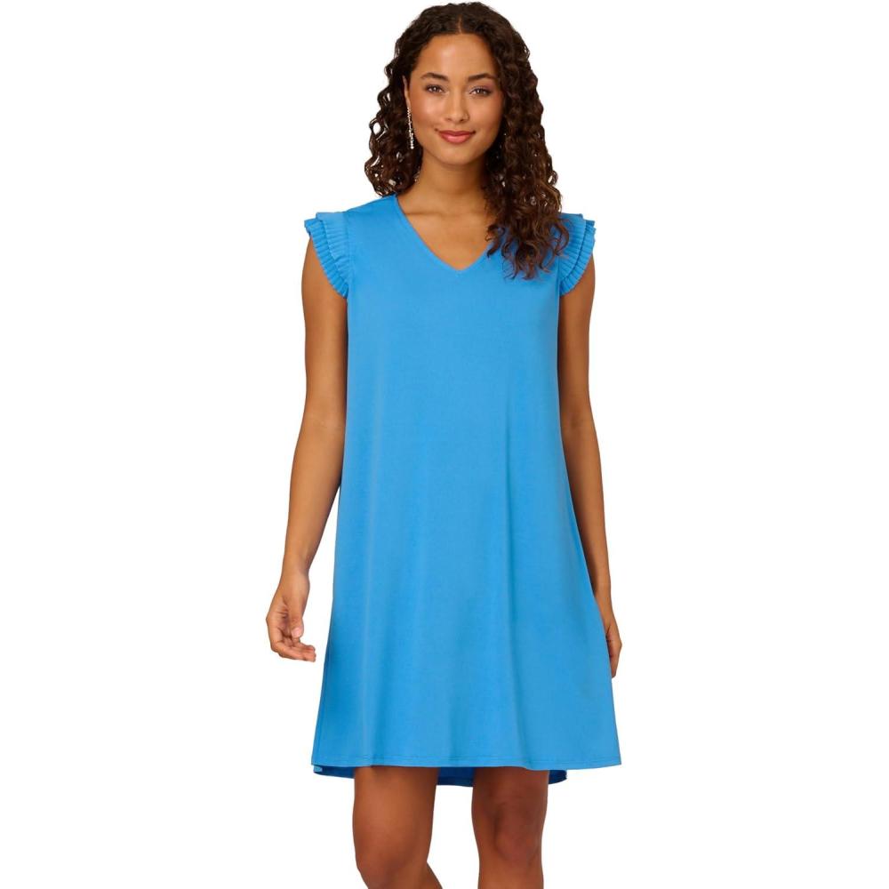 image:imageAdrianna Papell Womens V Neck Double Pleated Sleeve DressBlue