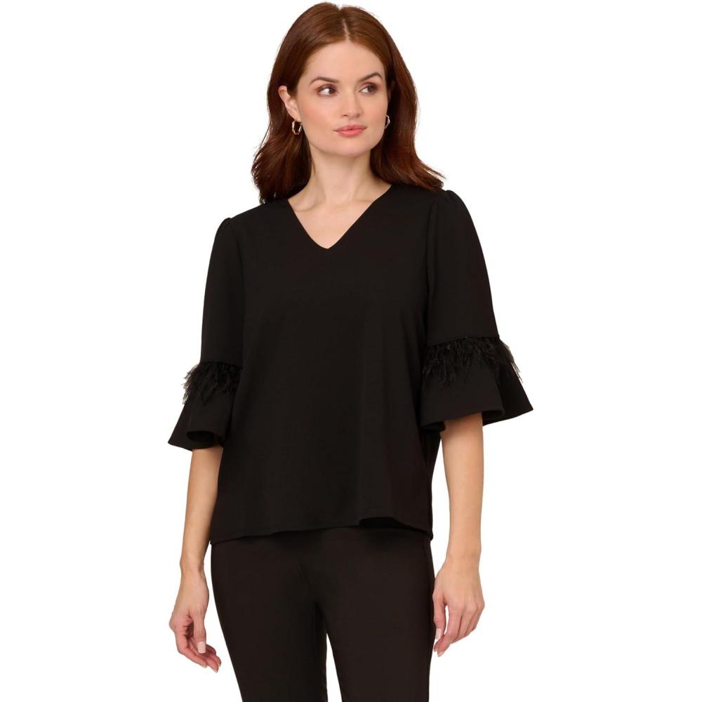 image:imageAdrianna Papell Womens VNeck Elbow Sleeve to WRuffle amp Feather TrimBlack