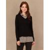 Adrianna Papell Women’s Printed V-Neck Twofer Sweater(Black W/Champblushsmartplaid)