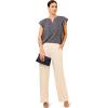 Adrianna Papell Women’s Solid Short Ruffle Sleeve Popover Blouse(Navy Ripple Stripe)