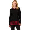 Adrianna Papell Women’s Printed V-Neck Twofer Sweater(Black W/Red Buffalo Plaid)