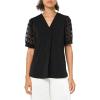 Adrianna Papell Women’s Solid Knit V-Neck Clip Dot Chiffon Top(Black)
