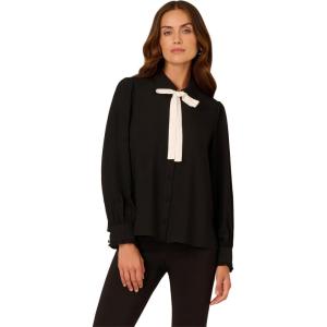 Adrianna Papell Women’s Long Sleeve Woven Button Front Top with Contrast Neck Tie(Black /Ivory)