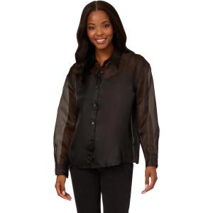 Adrianna Papell Women’s Organza Woven Button Down Top W/Shell Buttons(Black)