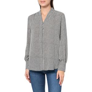 Adrianna Papell Women’s Printed Button V-Neck Blouse(Ivory/Black Sketch Geo)