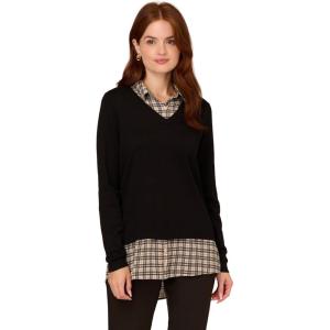 Adrianna Papell Women’s Printed V-Neck Twofer Sweater(Black W/Champblushsmartplaid)