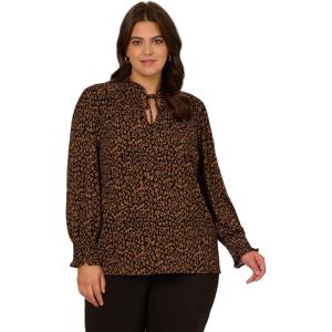 Adrianna Papell Women’s Ruffle Tieneck Long Sleeve Top(Black/Camel Basic Leopard)