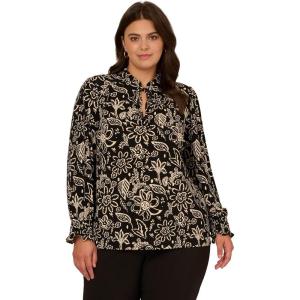 Adrianna Papell Women’s Ruffle Tieneck Long Sleeve Top(Black/Ivory Pretty Floral)