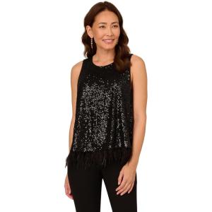 Adrianna Papell Women’s Sleeveless Sequin Top W Feather Trim Hem(Black)