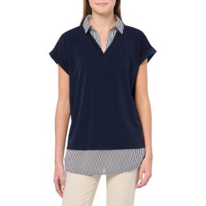 Adrianna Papell Women’s Solid Knit Twofer with Printed Woven Combo(Navy W/ Navy/Ivry Small Stripe)