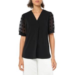 Adrianna Papell Women’s Solid Knit V-Neck Clip Dot Chiffon Top(Black)