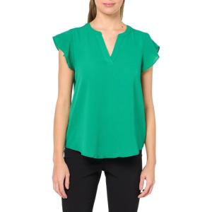 Adrianna Papell Womens Solid Short Ruffle Sleeve Popover Blouse(Vivid Green)