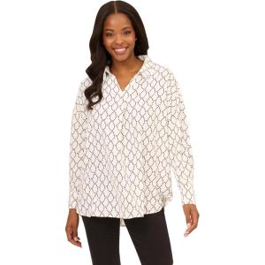 Adrianna Papell Women’s Textured Airflow V-Neck Johnny Collar Blouse(Ivory/Black Dotted Chain)