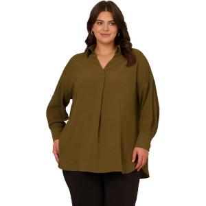 Adrianna Papell Women’s Textured Airflow V-Neck Johnny Collar Blouse(Olive Green)