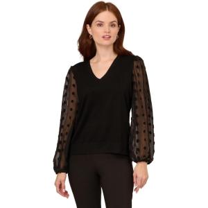 Adrianna Papell Women’s V Neck 3/4 Woven Bubble Sleeve Sweater(Black)