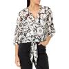 Adrianna Papell Women’s Printed V-Neck Long Sleeve Top W/Tie Front(Black Imprint Floral)