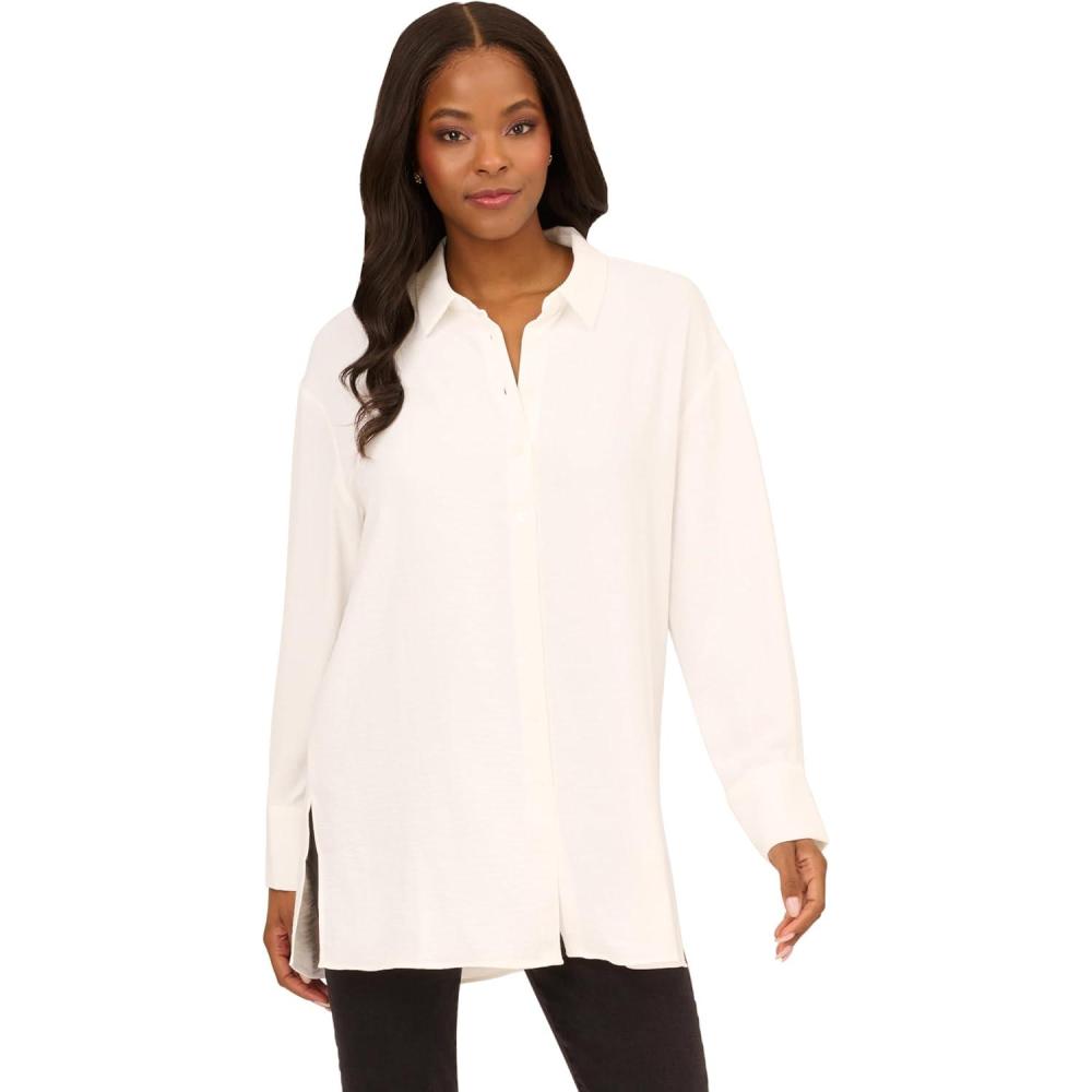 image:imageAdrianna Papell Womens Airflow Woven Button Down Top WSide SlitsIvory