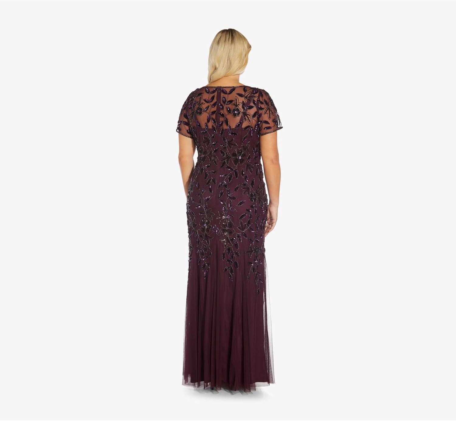 image:imageAdrianna Papell Womens Plus Size ShortSleeve Floral Beaded Godet Gown Night Plum