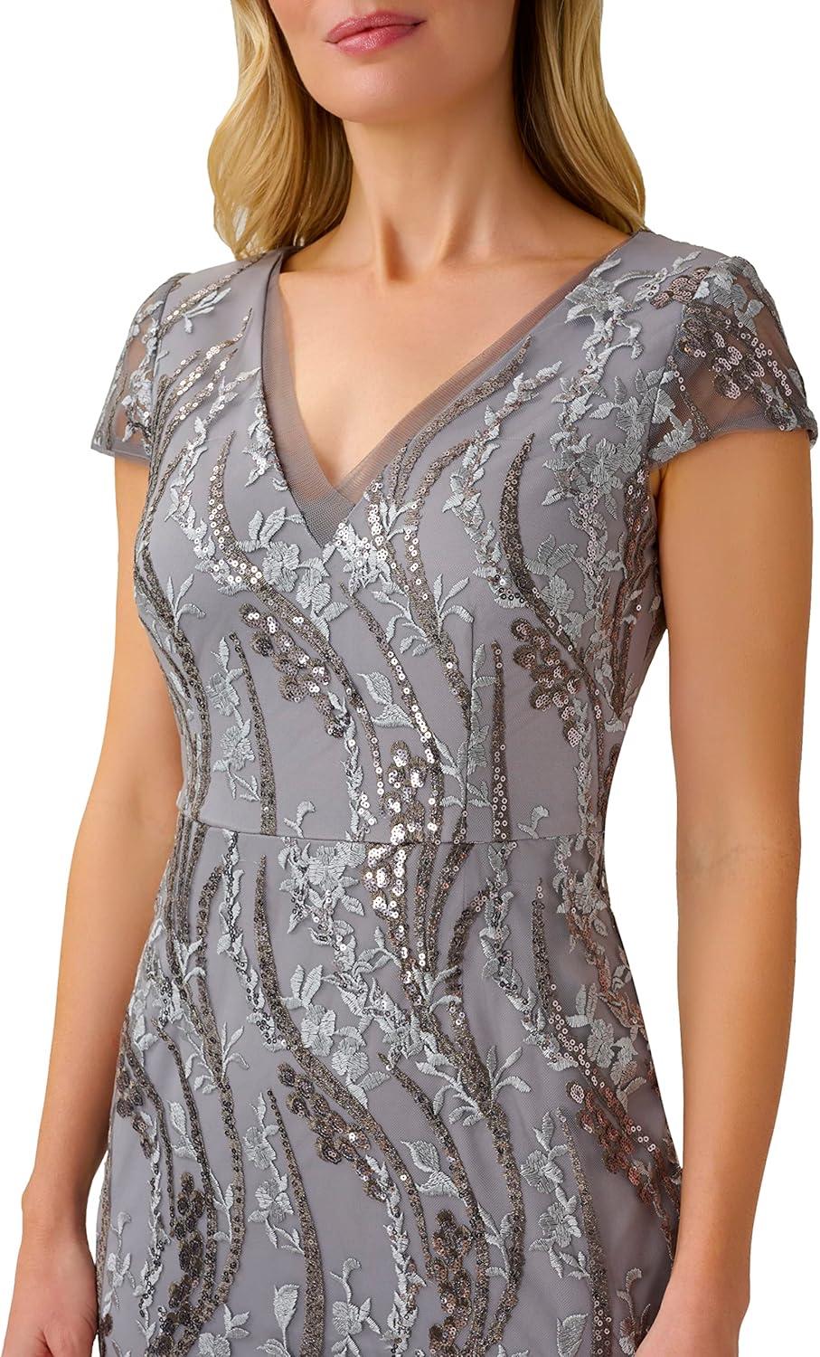 image:imageAdrianna Papell Womens Sequin Embroidery GownSilver Multi