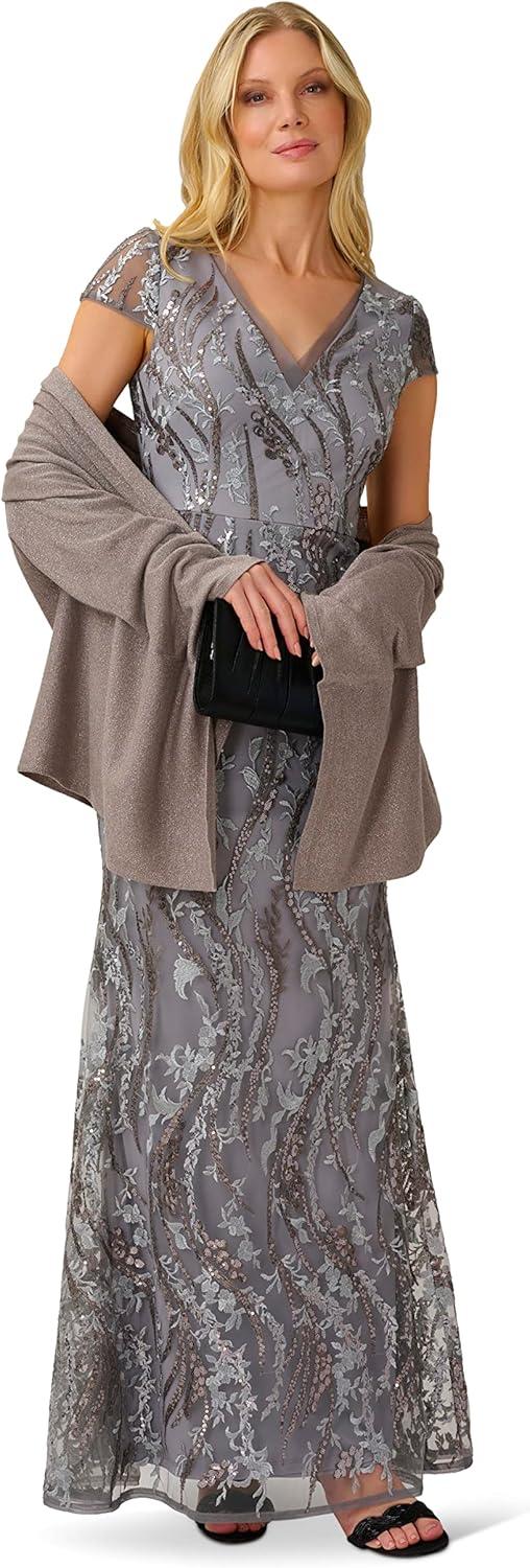 image:imageAdrianna Papell Womens Sequin Embroidery GownSilver Multi