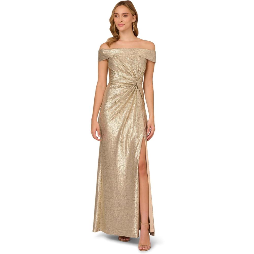 image:imageAdrianna Papell Womens Off Shoulder Metallic GownLight Gold