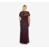 Adrianna Papell Women’s Plus Size Short-Sleeve Floral Beaded Godet Gown, Night Plum