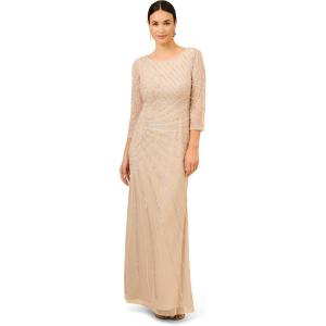 Adrianna Papell Women’s Long Sleeve Beaded Long Gown with Starburst Bead Pattern(Biscotti)
