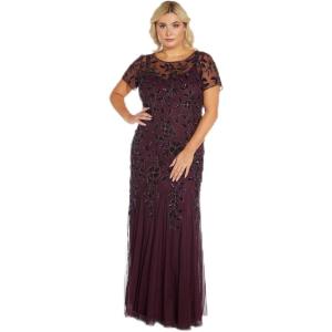 Adrianna Papell Women’s Plus Size Short-Sleeve Floral Beaded Godet Gown, Night Plum