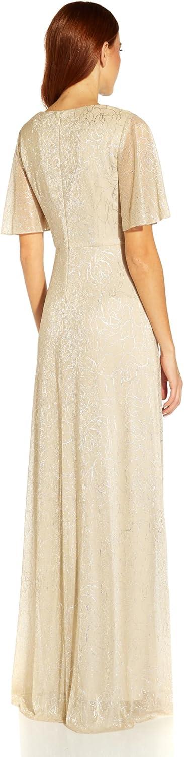 image:imageAdrianna Papell Womens Metallic Mesh Draped GownAlabaster