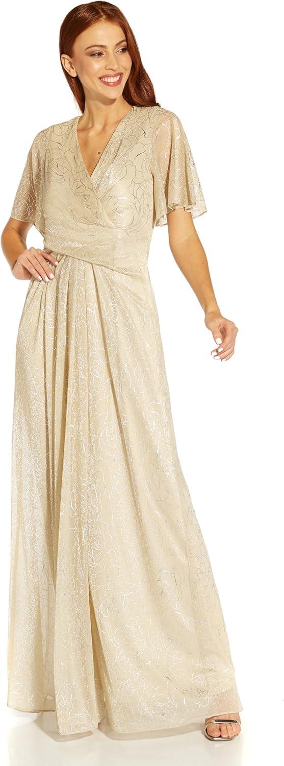image:imageAdrianna Papell Womens Metallic Mesh Draped GownAlabaster