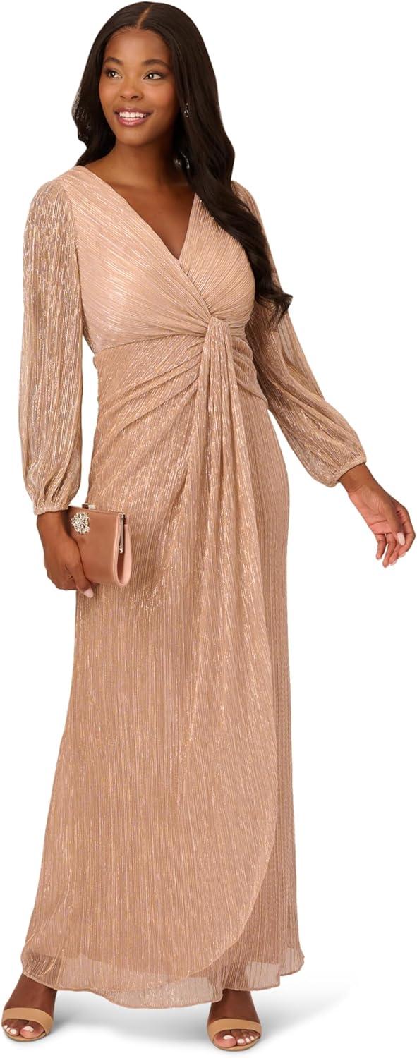 image:imageAdrianna Papell Womens Metallic Mesh Draped GownLight Gold