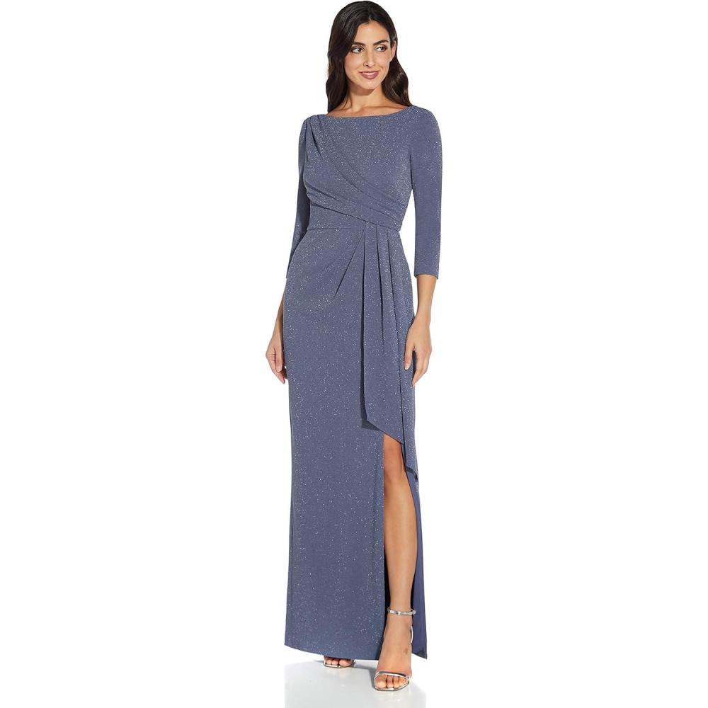 image:imageAdrianna Papell Womens Metallic Knit Covered GownSteel Blue