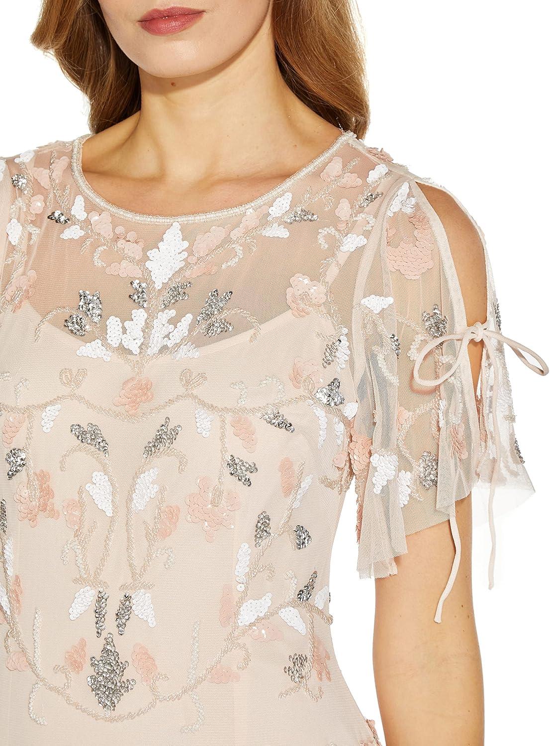 image:imageAdrianna Papell Womens Beaded Flutter Sleeve GownFlaxen