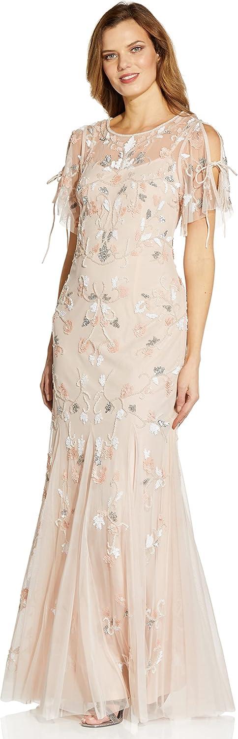 image:imageAdrianna Papell Womens Beaded Flutter Sleeve GownFlaxen