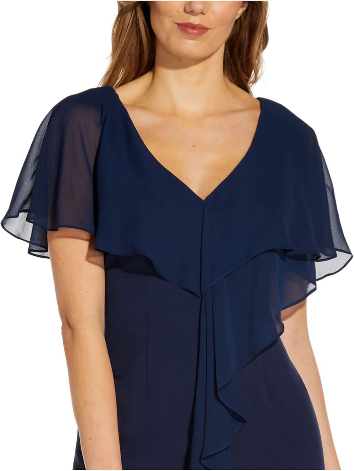 image:imageAdrianna Papell Womens Chiffon and Crepe Cascade Mermaid GownBlue