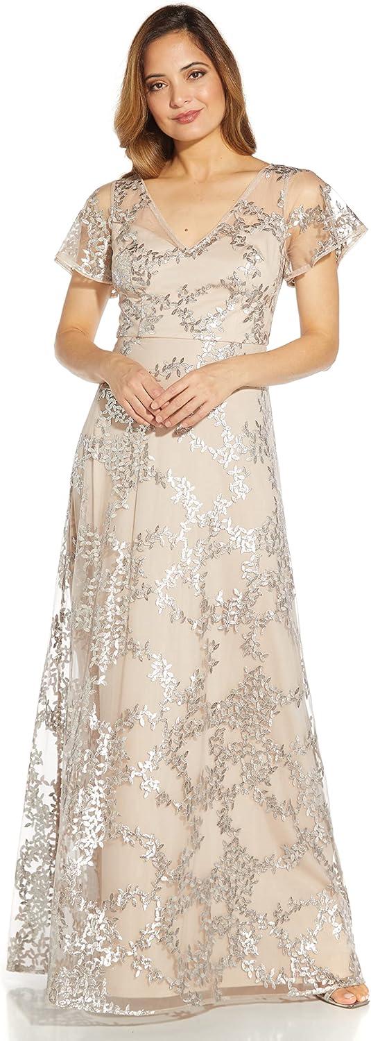 image:imageAdrianna Papell Womens Embroidered Metallic BallgownMarble