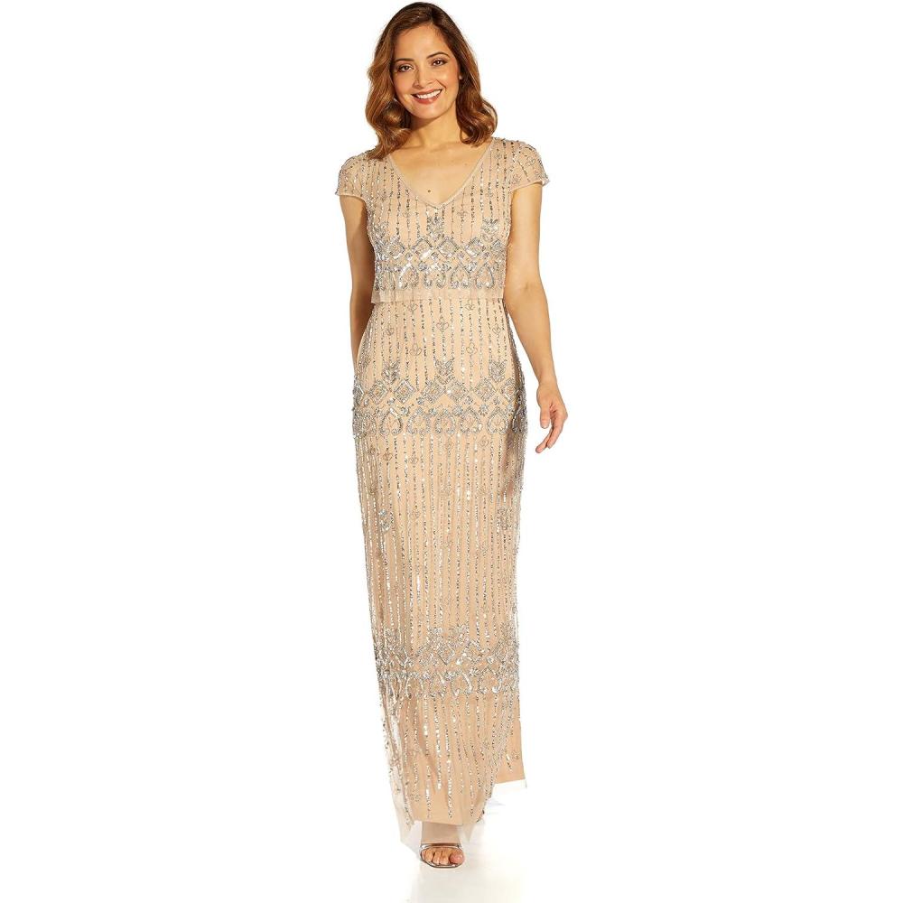 image:imageAdrianna Papell Womens Beaded Popover Column GownSilverNude